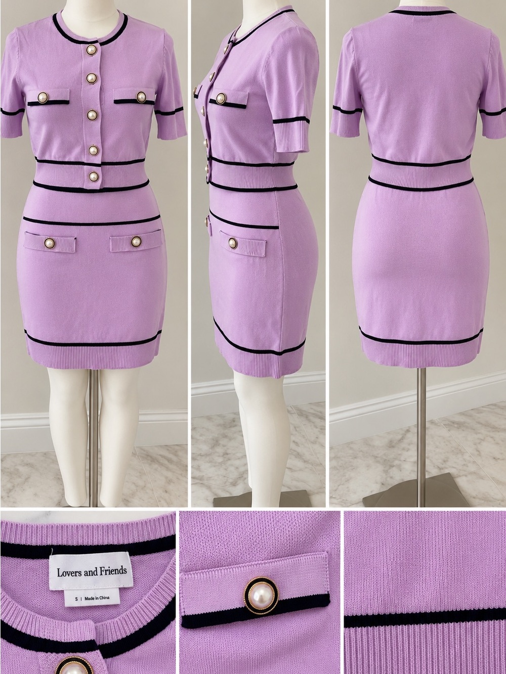 Lovers and Friends Lavender Knit 2-Piece Skirt Set Pearl Buttons – Size S